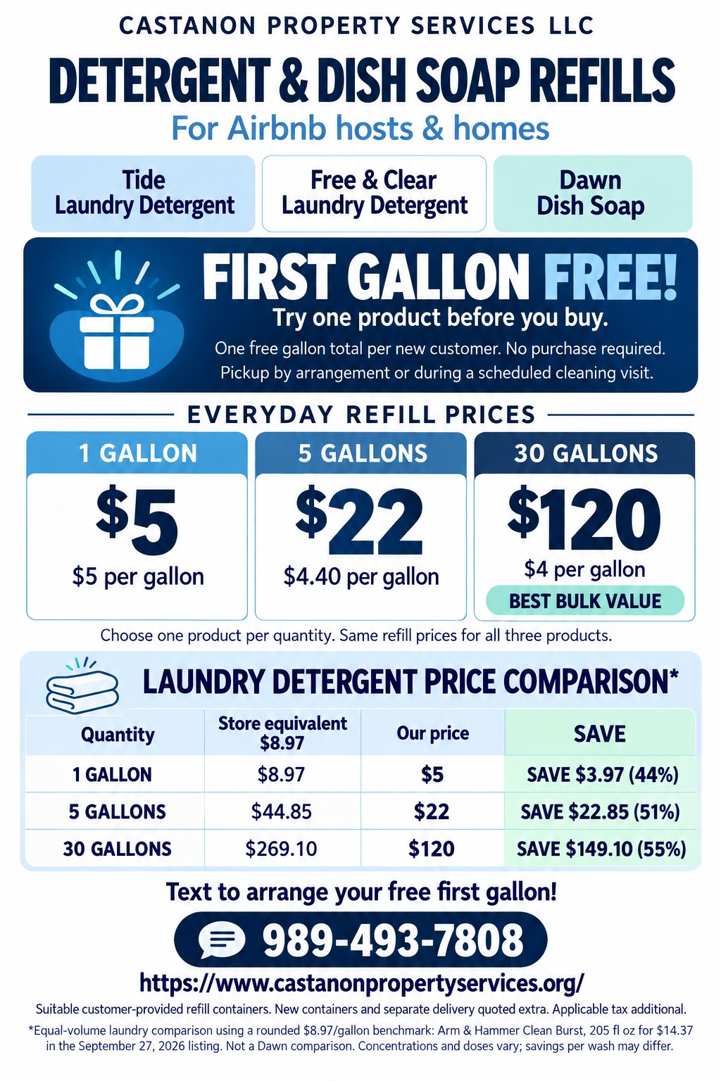 Castanon Property Services detergent and dish soap refill flyer with Tide, Free and Clear, and Dawn pricing